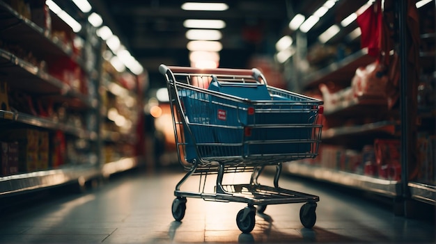 Een moderne en elegante winkelwagentje geïsoleerd op de achtergrond van een supermarkt