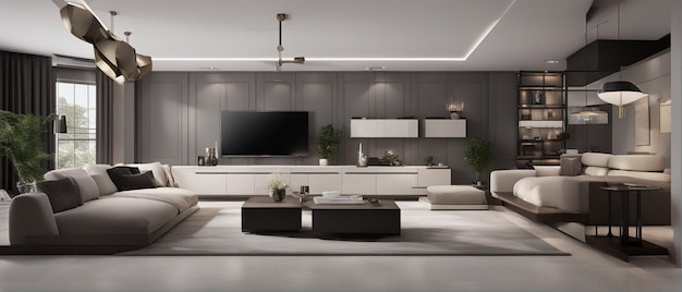 Een moderne en luxe woonkamer met bank en tv