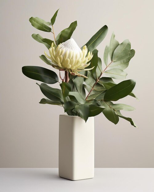 Een moderne en minimalistische arrangement met een enkele elegante protea bloem