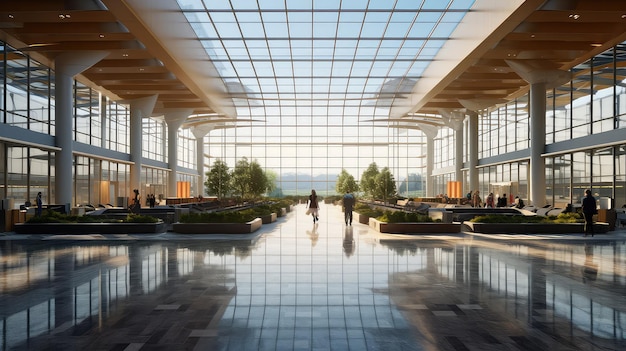 Een moderne fotorealistische illustratie van de luchthaventerminal Generatieve AI Airport terminal windows glass