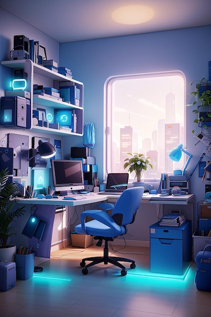 Een moderne freelancerskamer gevuld met de nieuwste technologische snufjes verlicht door zacht blauw licht
