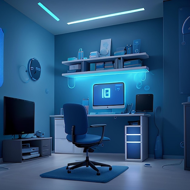 Een moderne freelancerskamer gevuld met de nieuwste technologische snufjes verlicht door zacht blauw licht