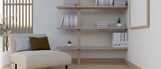 Een moderne gezellige Scandinavische woonkamer met een comfortabele bank, een houten boekenplank en decor