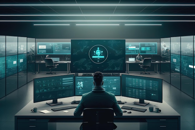 Een moderne hightech kantoor jonge man aan het werk op de computer met veel schermen Generative Ai