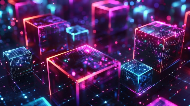 Een moderne illustratie van realistische 3D-blokjes en neononderdelen gecomponeerd over een donkere ruimte achtergrond De illustratie heeft een cyberspace-thema een high-tech futuristische stijl en een Blockchain-concept