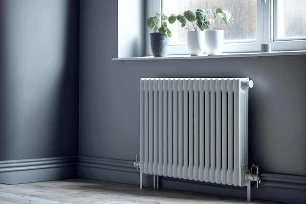 Een moderne kamer met een grijze muur en een wit verwarmingsradiatorsysteem van centrale verwarming Kopieer ruimte die vrij is voor uw tekst