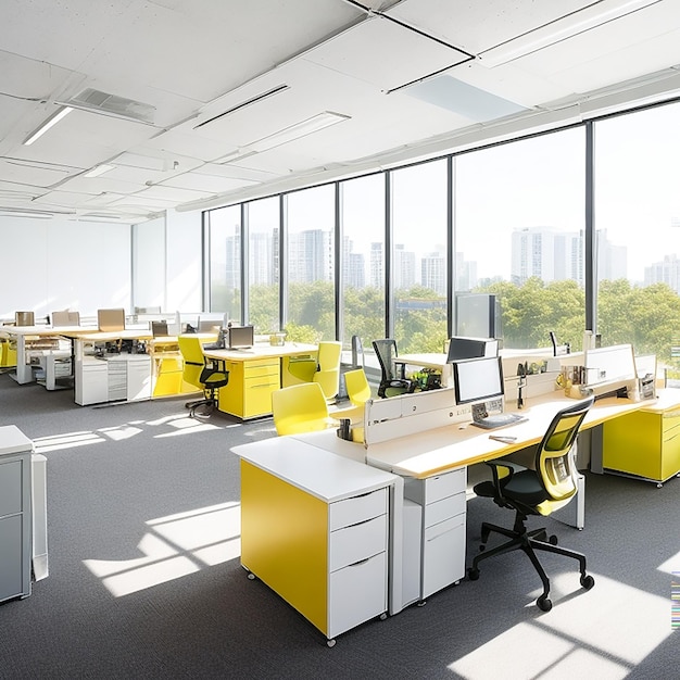 Een moderne kantoorruimte met ergonomische bureaus gegenereerd door AI