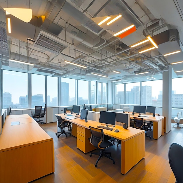Een moderne kantoorruimte met ergonomische bureaus, levendige accenten en natuurlijk licht gegenereerd door AI