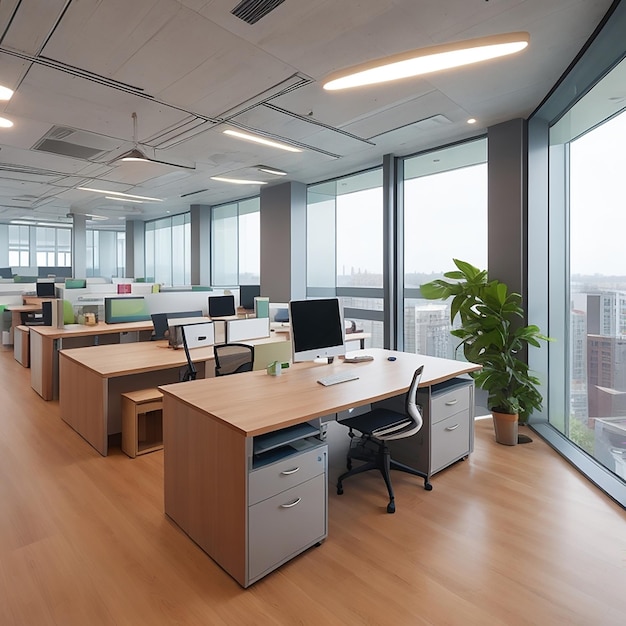 Een moderne kantoorruimte met ergonomische bureaus, levendige accenten en natuurlijk licht gegenereerd door AI