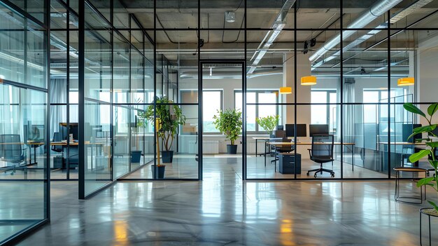 Foto een moderne kantoorruimte met glazen muren en betonnen vloeren er zijn verschillende werkstations met computers en stoelen