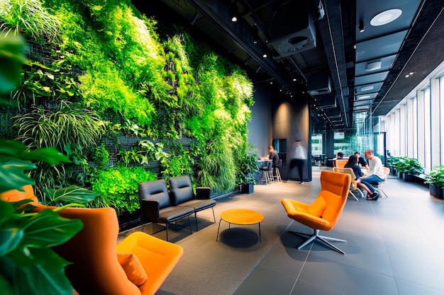 een moderne kantoorruimte waar een muur volledig is gewijd aan een weelderige verticale tuin