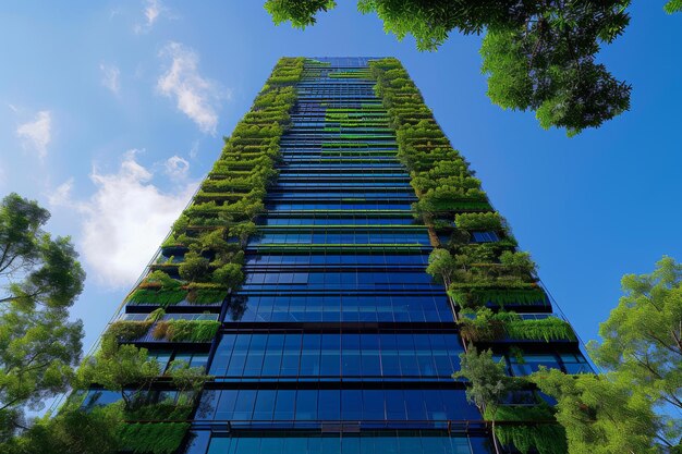 Foto een moderne kantoortoren die bekend staat om zijn innovaties op het gebied van groene gebouwen