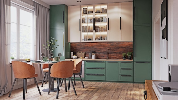 Een moderne keuken en eetzaal