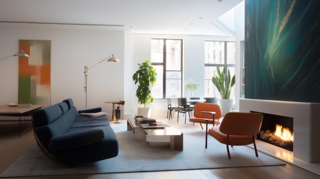 Een moderne loft groot raam woonkamer interieur ingericht met open haard en potplanten Generative AI AIG27