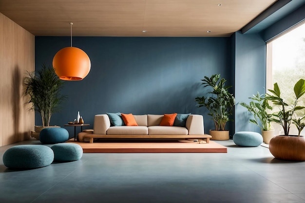 Een moderne meditatieplek met interieurontwerp van appartement keuken woonkamer met kleurrijke muur