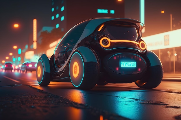 Een moderne mini-auto staat geparkeerd in de stad Futuristische innovatieve auto Generatieve AI