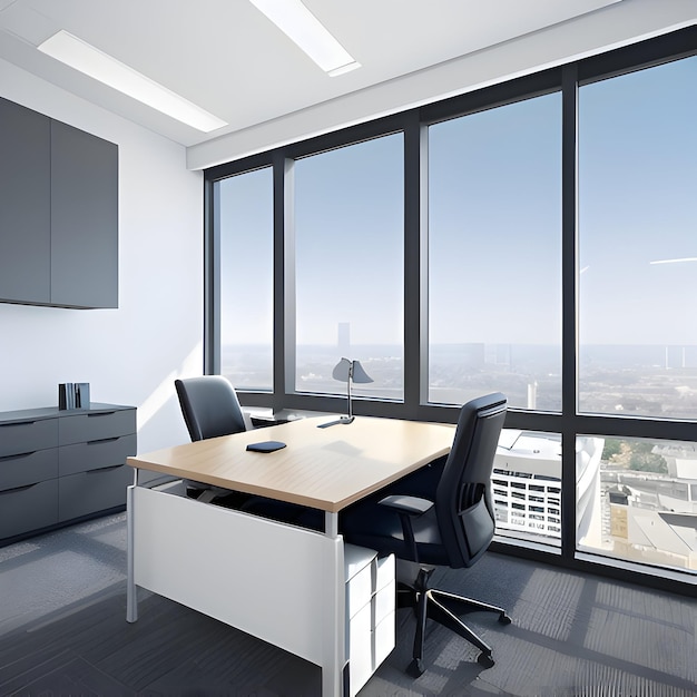 Een moderne minimalistische kantoorruimte met strakke lijnen, een strakke ergonomische bureaustoel en panorami