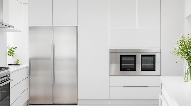 Een moderne minimalistische keuken met elegante roestvrijstalen apparaten en een helderwitte toonbank