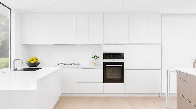 Een moderne minimalistische keuken met elegante roestvrijstalen apparaten en een helderwitte toonbank