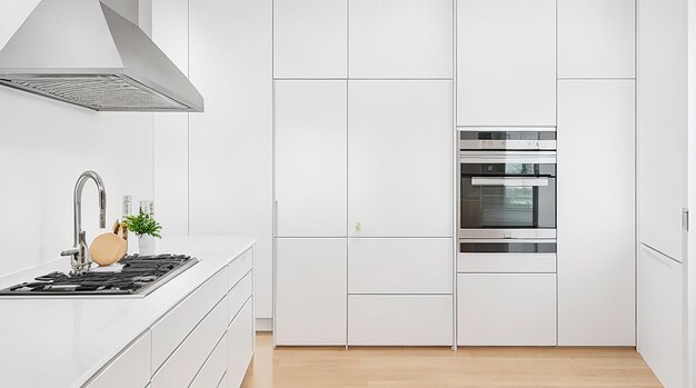 Een moderne, minimalistische keuken met strakke roestvrijstalen apparaten en een helderwit aanrechtblad