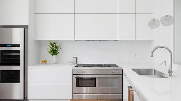 Een moderne, minimalistische keuken met strakke roestvrijstalen apparaten en een helderwit aanrechtblad