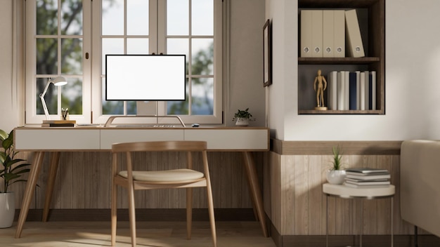 Foto een moderne, minimalistische scandinavische thuiskantoorwerkruimte met een computer op een houten tafel