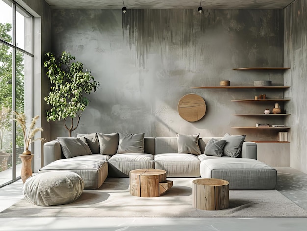 Een moderne minimalistische woonkamer in lichtgrijze en lichtgroene tinten modern Scandinavisch ontwerp