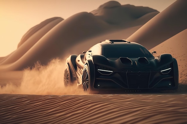 Een moderne mooie zwarte auto in de woestijnFuturistische innovatieve auto Generatieve AI