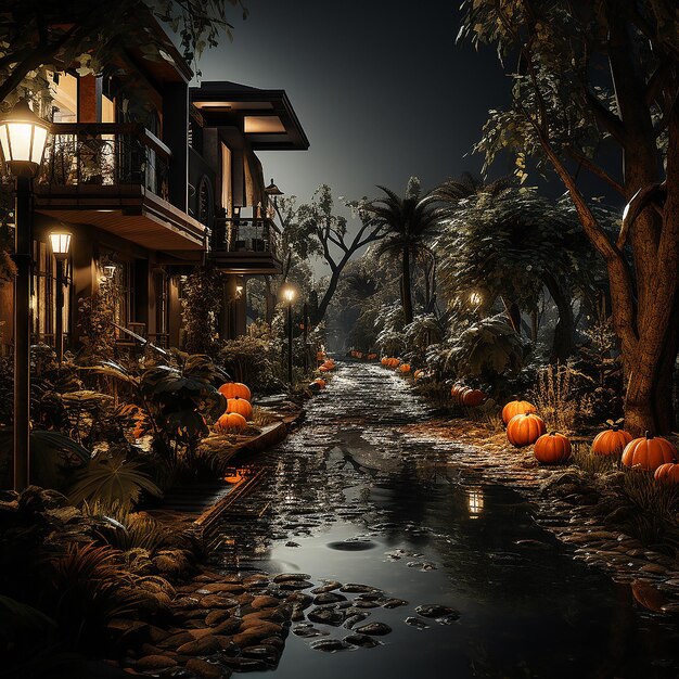 Foto een moderne straat en moderne huizen versierd voor halloween