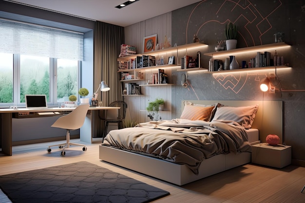 Een moderne tienerkamer heeft zowel een werkruimte als een bed
