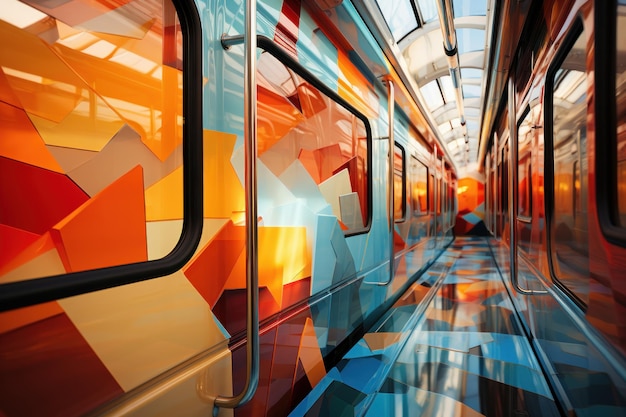 Een moderne trein ontworpen met abstracte kleurrijke, moderne kunst gemaakte geometrische vormen