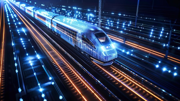 Een moderne trein rijdt door een tunnel die door levendige blauwe lichten wordt verlicht en een boeiende visuele ervaring creëert