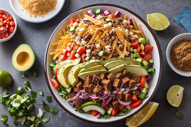 Een moderne variant op een klassiek gerecht: een tacosalade met laagjes knapperige tortilla en verse groenten