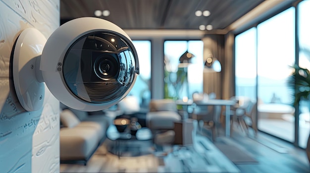 Een moderne videocamera die het terrein van een appartementengebouw bewaakt