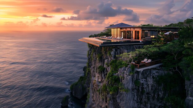 Een moderne villa aan de klif met een infinity pool met uitzicht op de oceaan