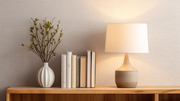 Een moderne witte lamp met gouden accenten en een linnen kap staat naast boekdelen bovenop een simplistisch houten dressoir tegen een dorre beige muur, waardoor een mockup 3D-close-up ontstaat