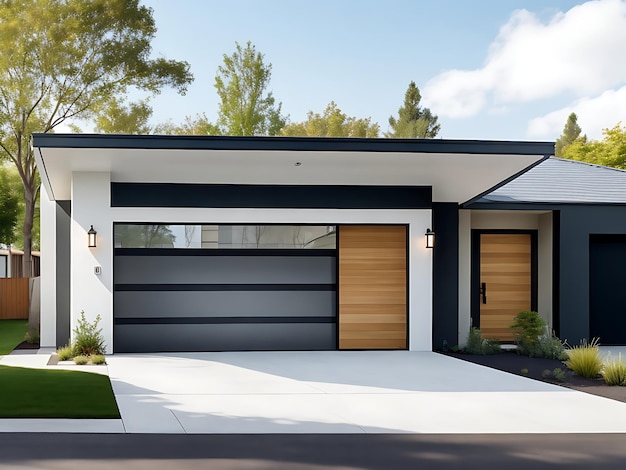 Een moderne woning met een garage en een garagedeur generatieve Ai