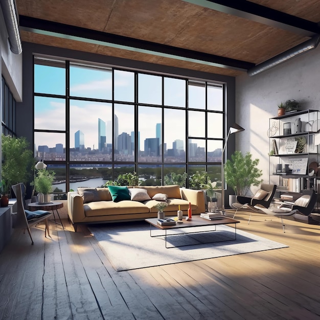 Een moderne woonkamer in een loft panoramisch raam met skyline op de achtergrond