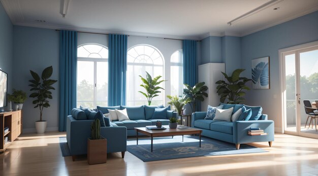 Een moderne woonkamer met bank en planten in blauwe toon