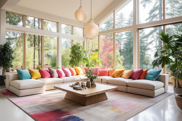 Een moderne woonkamer met een grote sectionaire bank en kleurrijke kussens