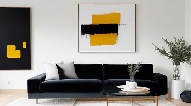Een moderne woonkamer met een strakke zwarte bank, een glazen salontafel en een helder abstract schilderij