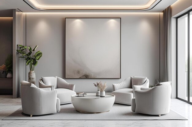 Een moderne woonkamer met witte meubels en groot kunstdesign