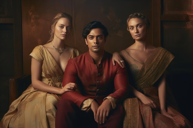 Een modieus portret van een trio, twee vrouwen en een man in rijke middeleeuwse kleding