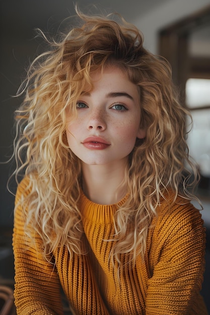 Een modieuze jonge vrouw met krullend blond haar die zelfverzekerd binnen poseert Concept Fashionable Women Curly Hairstyle Indoor Photoshoot Confident Pose