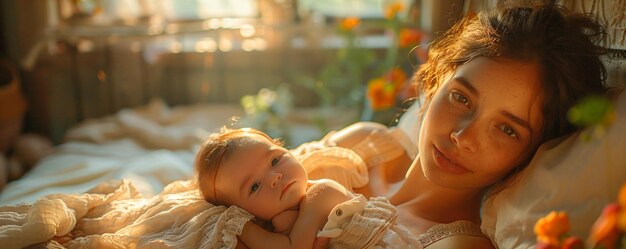 Foto een moeder die haar pasgeboren baby teder knuffelt