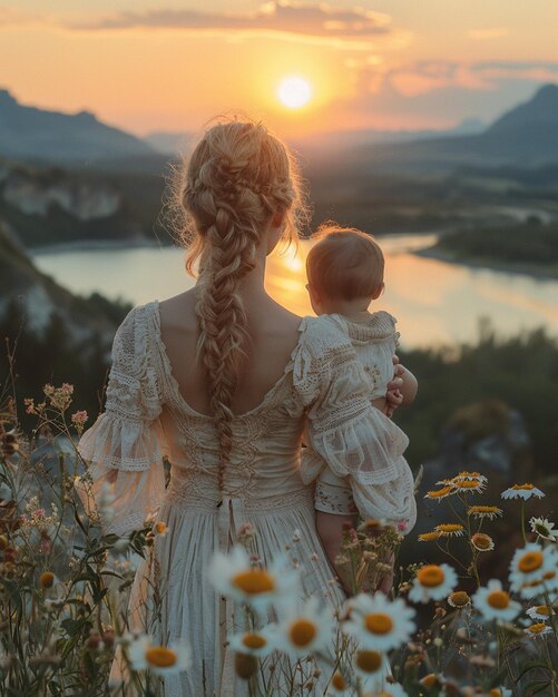 Foto een moeder die haar pasgeboren baby vasthoudt terwijl ze naar de achtergrond kijkt