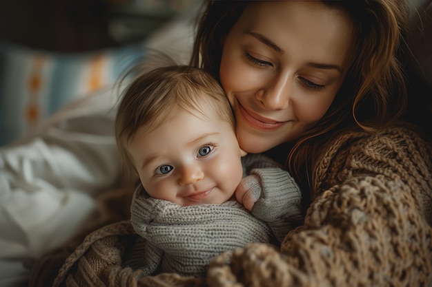 Een moeder die liefdevol haar baby knuffelt op een zacht bed een liefdevolle warme verlichting close-up opname