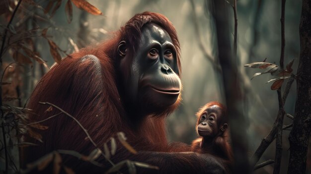 een moeder en baby orang-oetan in een boom in het bos