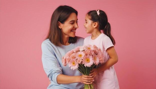 een moeder en dochter die bloemen vasthouden met een roze achtergrond moedersdag