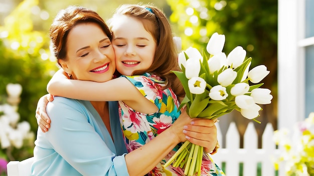 een moeder en dochter houden bloemen in hun handen